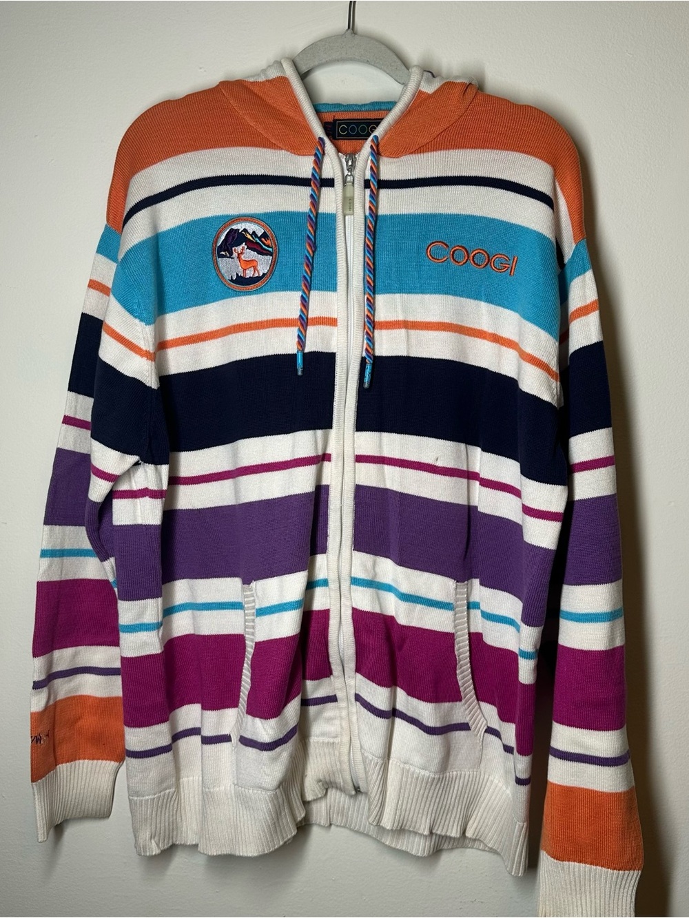 Coogi Y2K Striped Knit Zip Up Hoodie Sweater Mens XL Deer Patch Streetwear